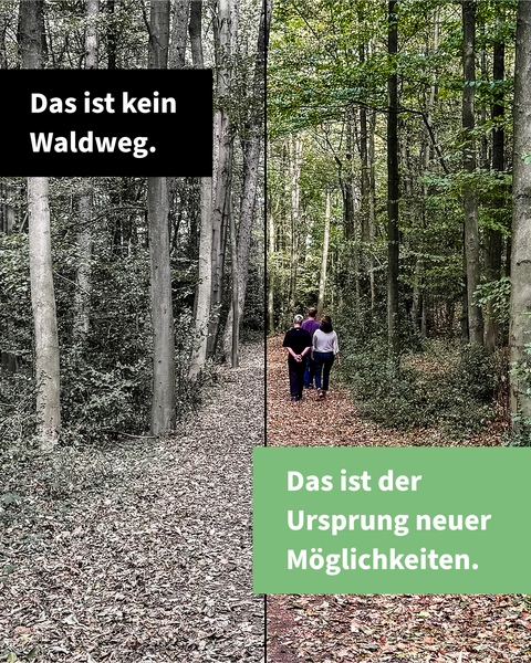 Drei Menschen gehen einen Waldweg entlang; die linke Bildhälfte ist grau, die rechte farbig. Im Bild steht „Das ist kein Waldweg. Das ist der Ursprung neuer Möglichkeiten."