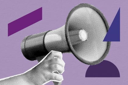 Illustration: Hand hält Megafon vor lilafarbenem Hintergrund mit violetten geometrischen Formen.