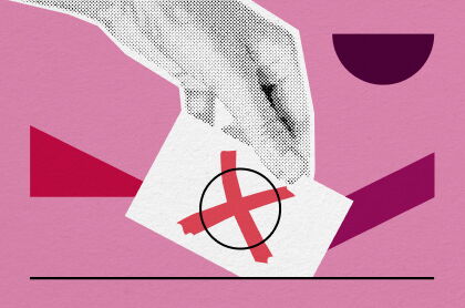 Illustration einer Hand, die einen Wahlzettel mit rotem Kreuz in eine Box legt, auf rosa Hintergrund.