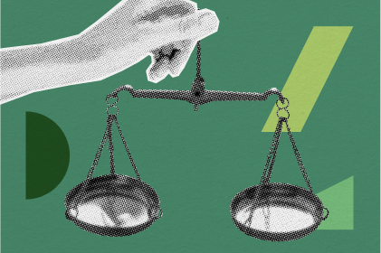 Illustration einer Hand, die eine Waage hält, auf grünem Hintergrund mit geometrischen Formen