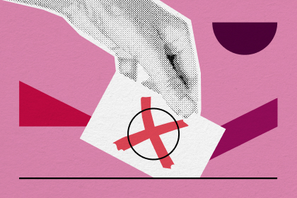 Illustration einer Hand, die einen Wahlzettel mit rotem Kreuz in eine Box legt, auf rosa Hintergrund.