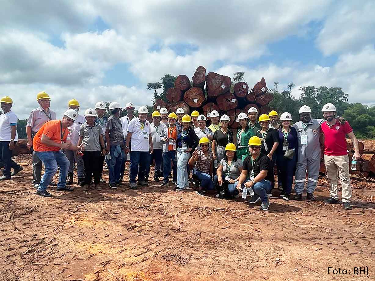 Gruppe von Arbeiter- und Gewerkschafter_innen vor abgeholzten Baumstämmen im Amazonas.