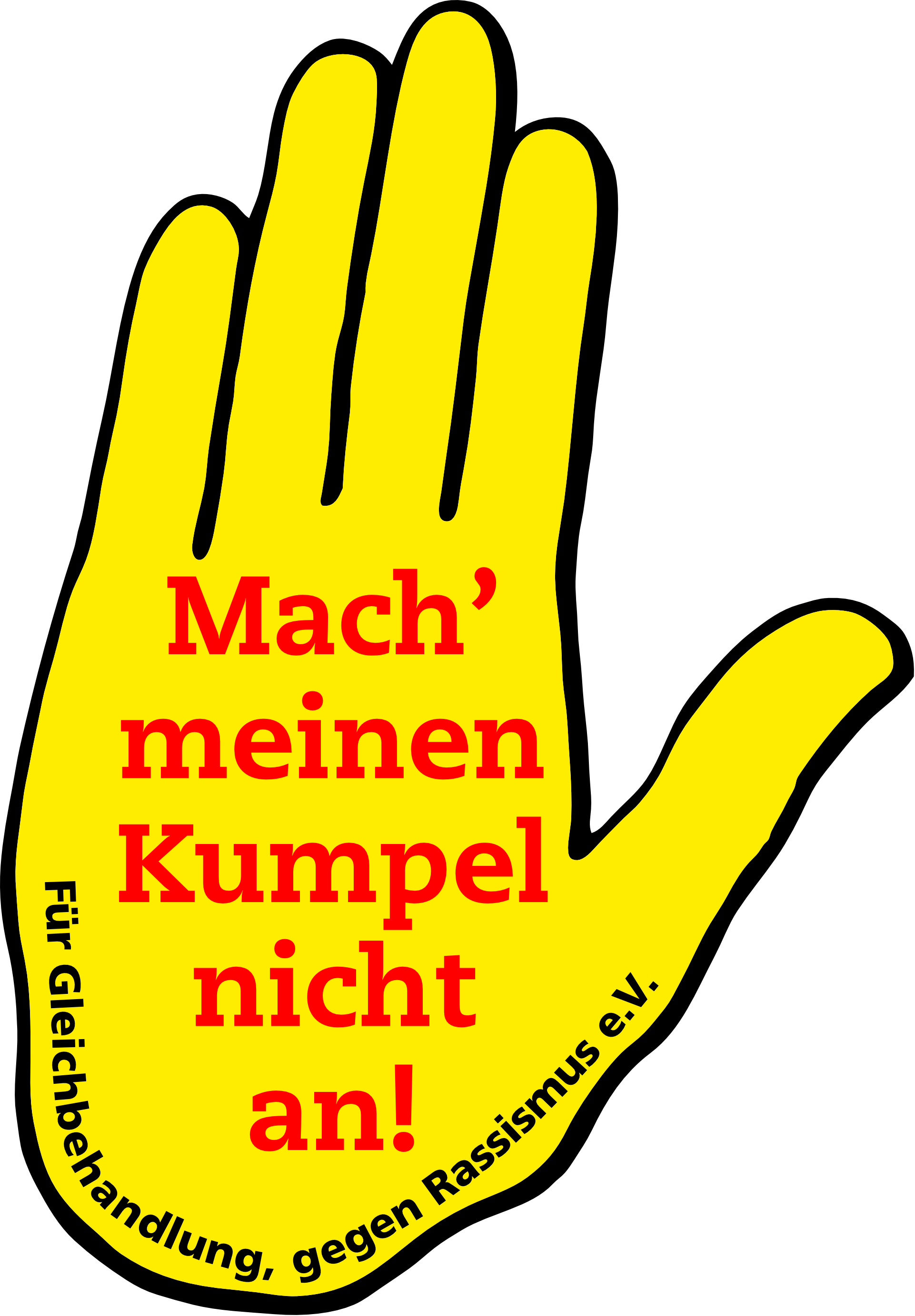 Logo des Vereins Gelbe Hand: es ist eine gelbe Hand auf der steht "Mach meinen Kumpel nicht an! Für Gleichbehandlung, gegen Rassismus e.V.".