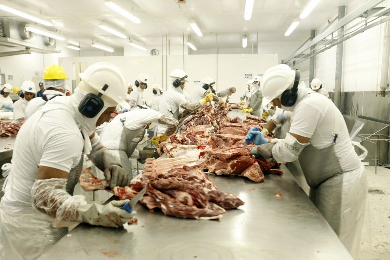 Arbeiter_innen in einer Fleischfabrik.