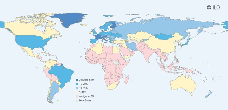 Weltkarte: Ausgaben für Soziale Sicherung gemessen am BIP